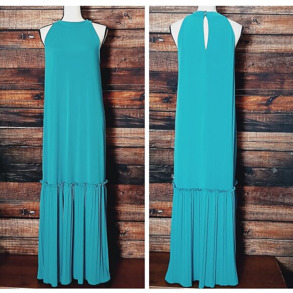 ASOS Maxi Dress Size 8 Teal Pleated Bottom Keyhole Button High Neck Retro Shift - Picture 2 of 9